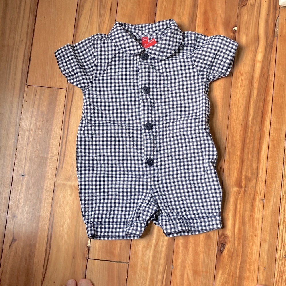 Hanna Andersson Navy and White Gingham Romper 3-6mos